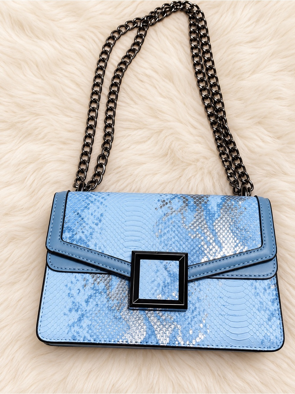 Blue Snakeskin Shoulder Bag Metal Chain Strap Crossbody Purse
